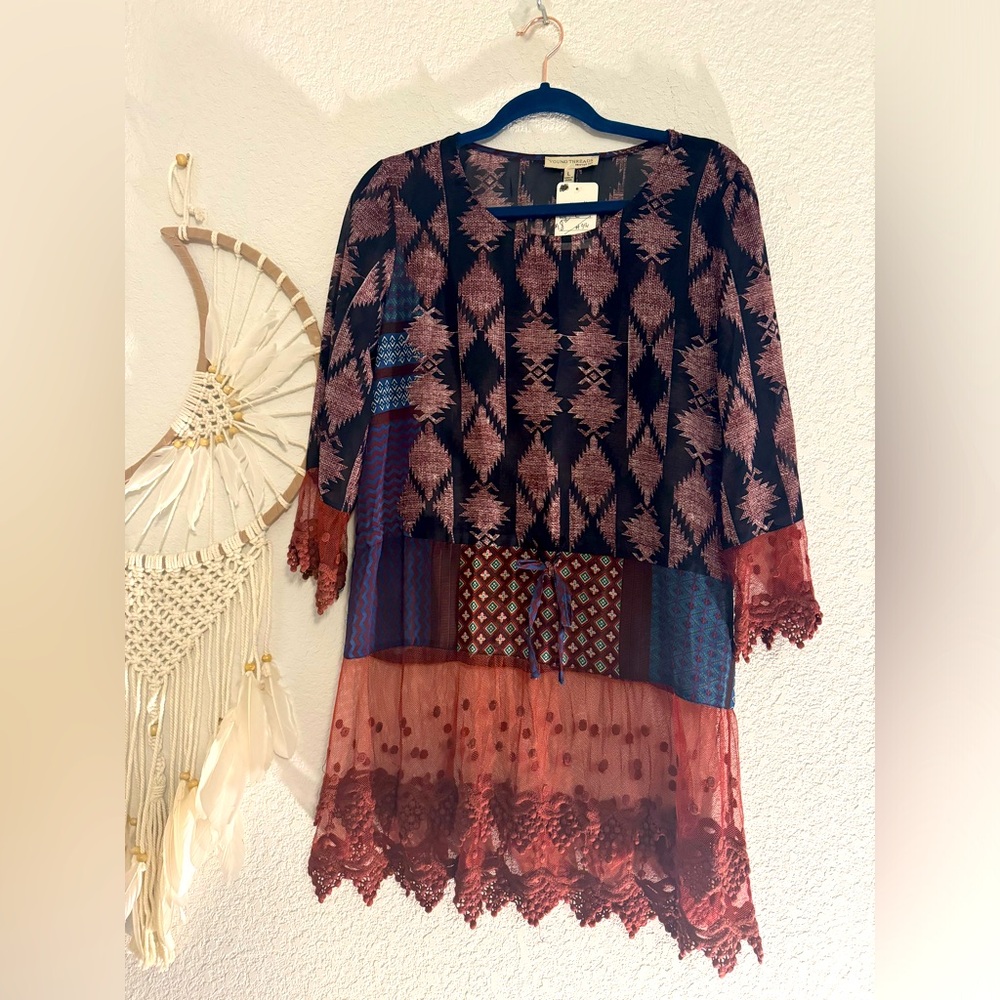 Boho Mixed-Print Lace-Trim Tunic in Burgundy/Navy